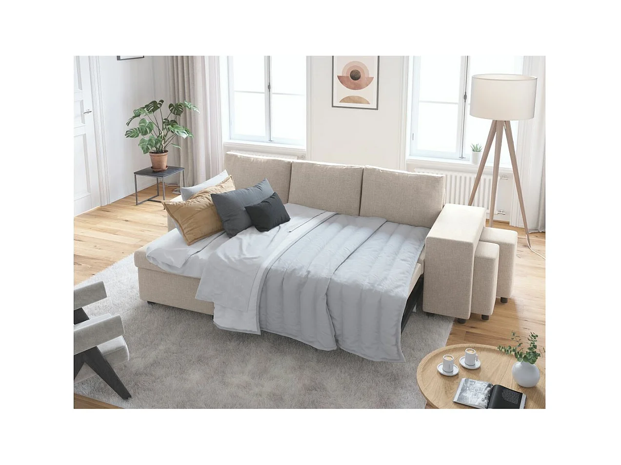 Canapé d'angle 3 places réversible Oslo avec coffre et poufs droit en tissu - Beige - L241 x P146 x H81cm - Loungitude