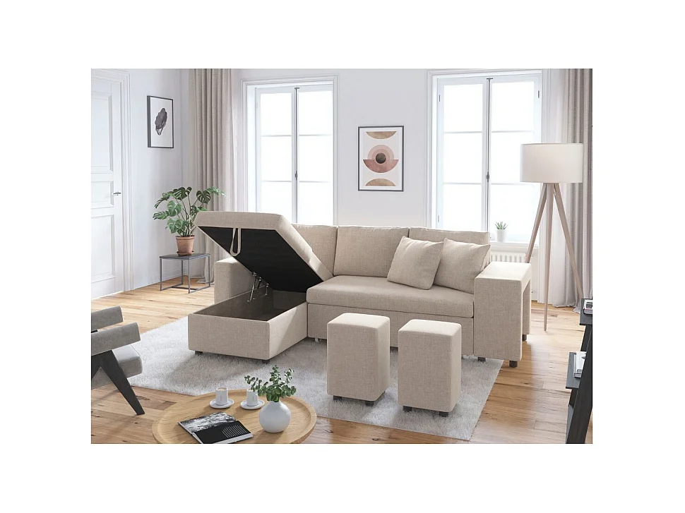 Canapé d'angle 3 places réversible Oslo avec coffre et poufs droit en tissu - Beige - L241 x P146 x H81cm - Loungitude