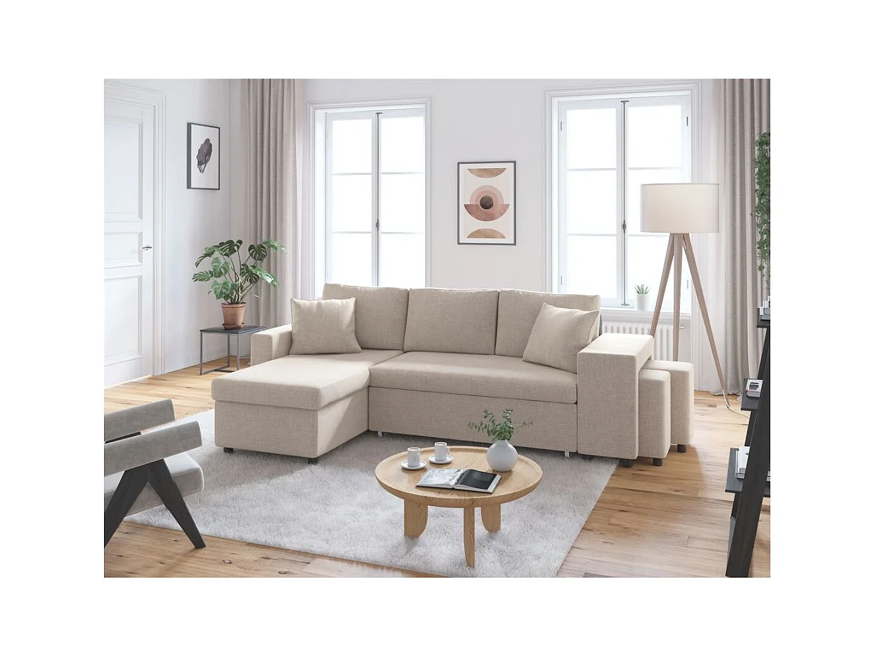 Canapé d'angle 3 places réversible Oslo avec coffre et poufs droit en tissu - Beige - L241 x P146 x H81cm - Loungitude
