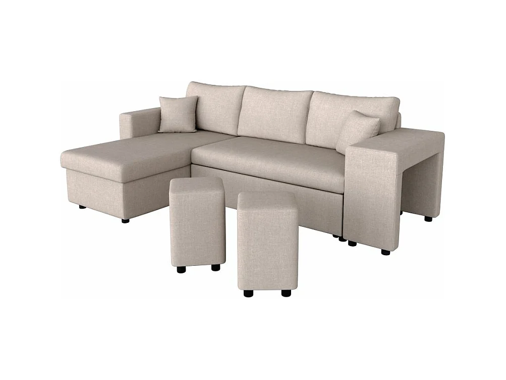 Canapé d'angle 3 places réversible Oslo avec coffre et poufs droit en tissu - Beige - L241 x P146 x H81cm - Loungitude