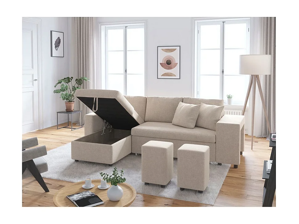 Canapé d'angle 3 places réversible Oslo avec coffre et poufs droit en tissu - Beige - L241 x P146 x H81cm - Loungitude