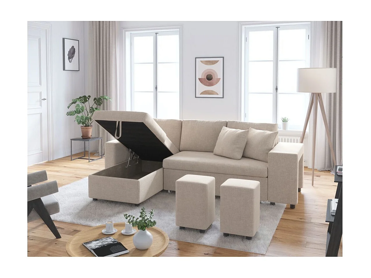 Canapé d'angle 3 places réversible Oslo avec coffre et poufs droit en tissu - Beige - L241 x P146 x H81cm - Loungitude