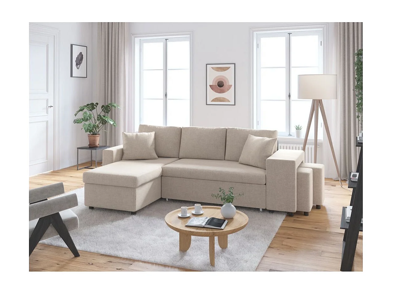 Canapé d'angle 3 places réversible Oslo avec coffre et poufs droit en tissu - Beige - L241 x P146 x H81cm - Loungitude