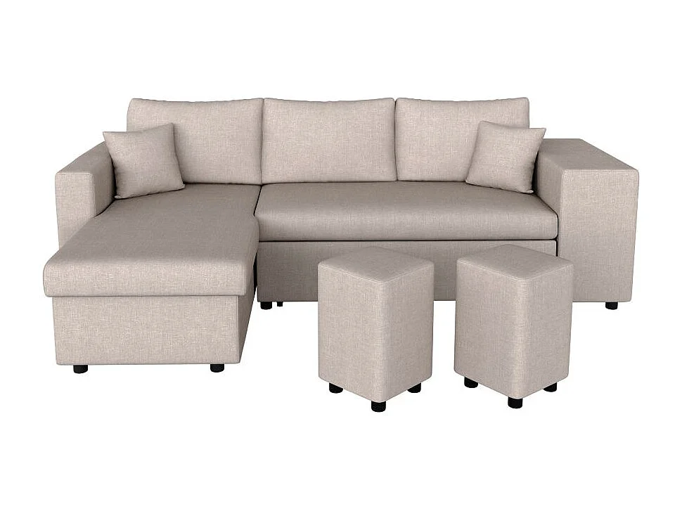 Canapé d'angle 3 places réversible Oslo avec coffre et poufs droit en tissu - Beige - L241 x P146 x H81cm - Loungitude