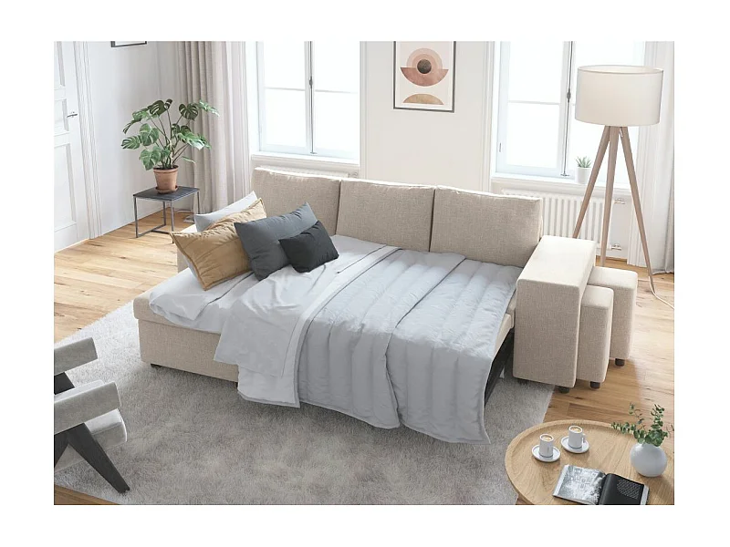 Canapé d'angle 3 places réversible Oslo avec coffre et poufs droit en tissu - Beige - L241 x P146 x H81cm - Loungitude