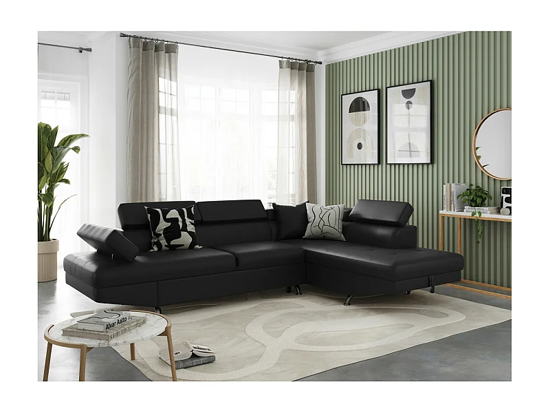 Canapé d'angle droit 5 places Rio Convertible avec coffre en simili - Noir - L271 x P192 x H70cm - Loungitude