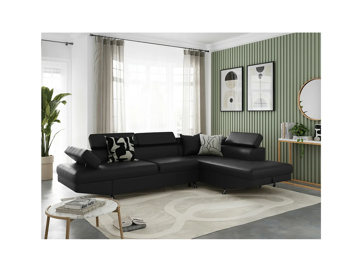 Canapé d'angle droit 5 places Rio Convertible avec coffre en simili - Noir - L271 x P192 x H70cm - Loungitude