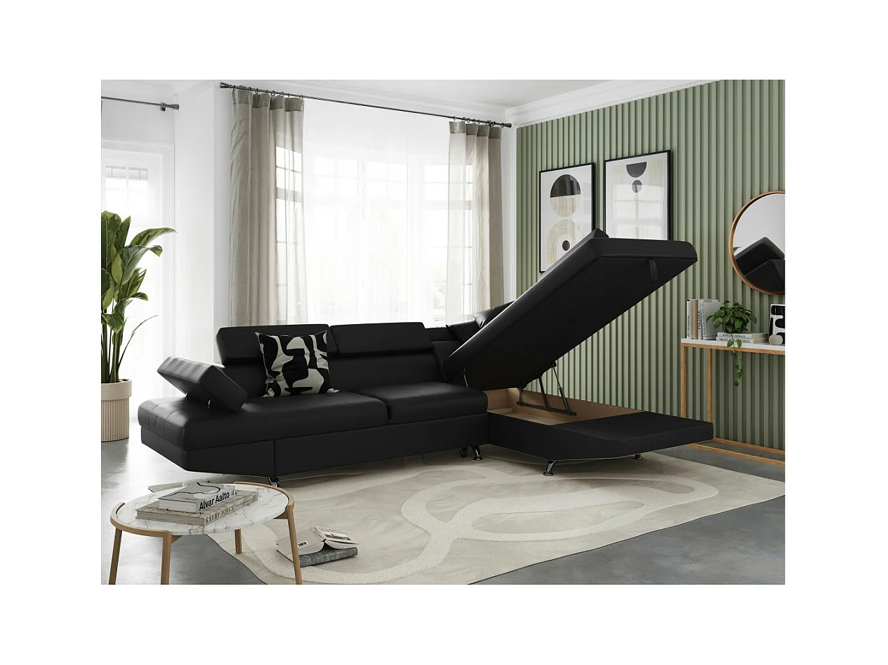 Canapé d'angle droit 5 places Rio Convertible avec coffre en simili - Noir - L271 x P192 x H70cm - Loungitude