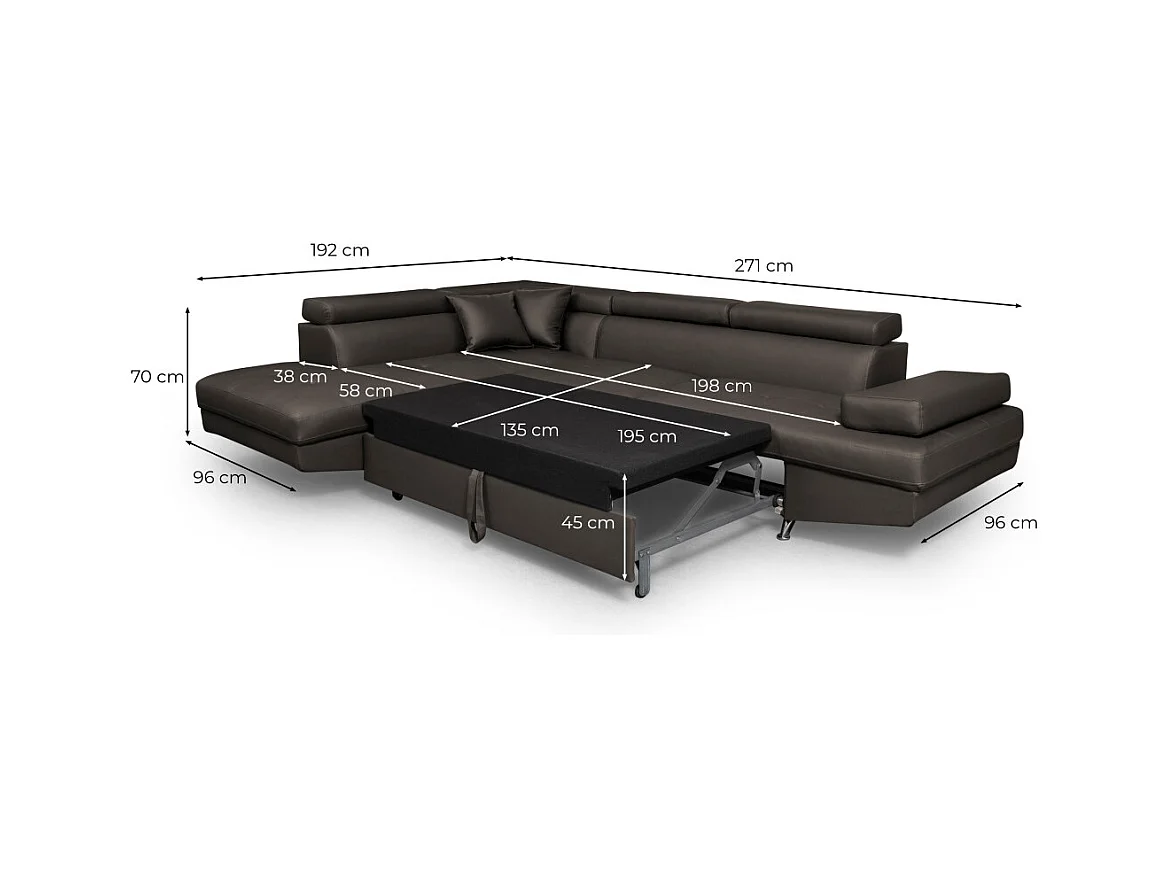 Canapé d'angle droit 5 places Rio Convertible avec coffre en simili - Noir - L271 x P192 x H70cm - Loungitude