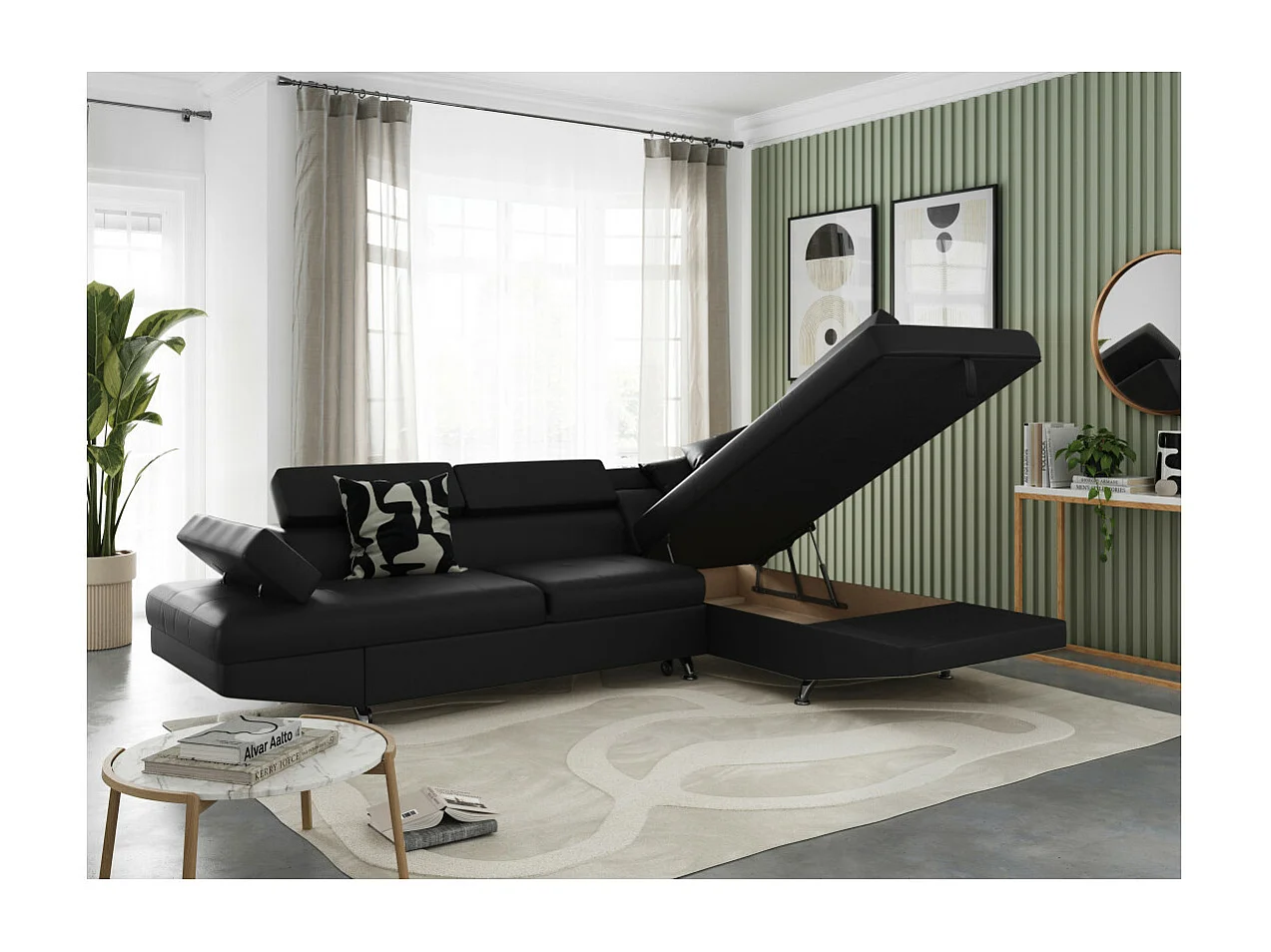 Canapé d'angle droit 5 places Rio convertible avec coffre en simili - Noir - L271 x P192 x H70cm - Loungitude