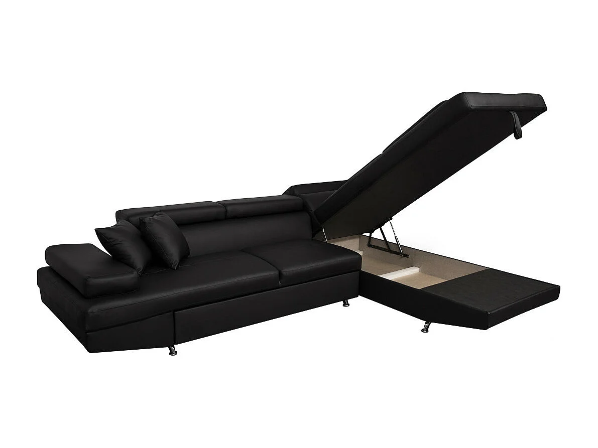 Canapé d'angle droit 5 places Rio convertible avec coffre en simili - Noir - L271 x P192 x H70cm - Loungitude