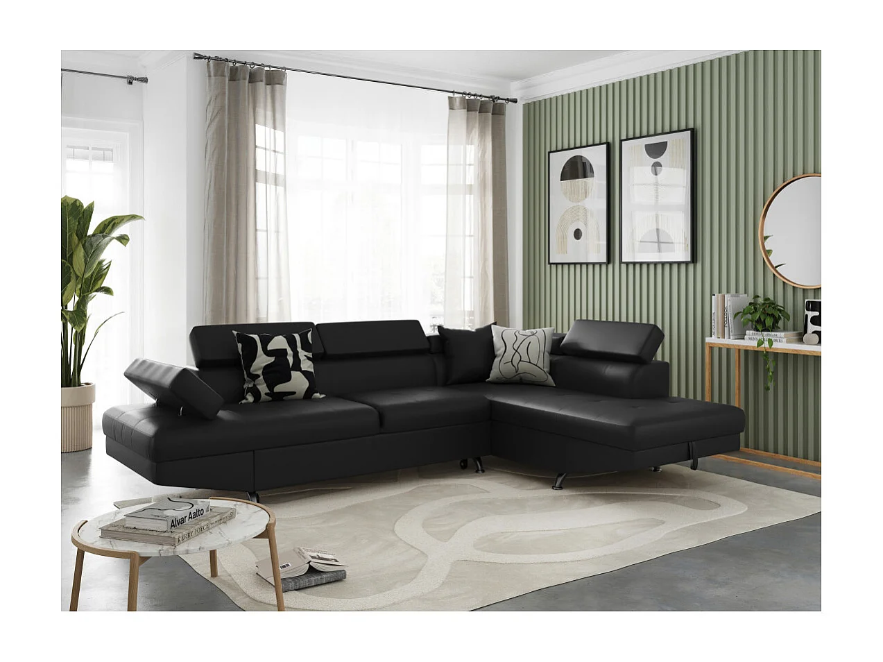Canapé d'angle droit 5 places Rio convertible avec coffre en simili - Noir - L271 x P192 x H70cm - Loungitude