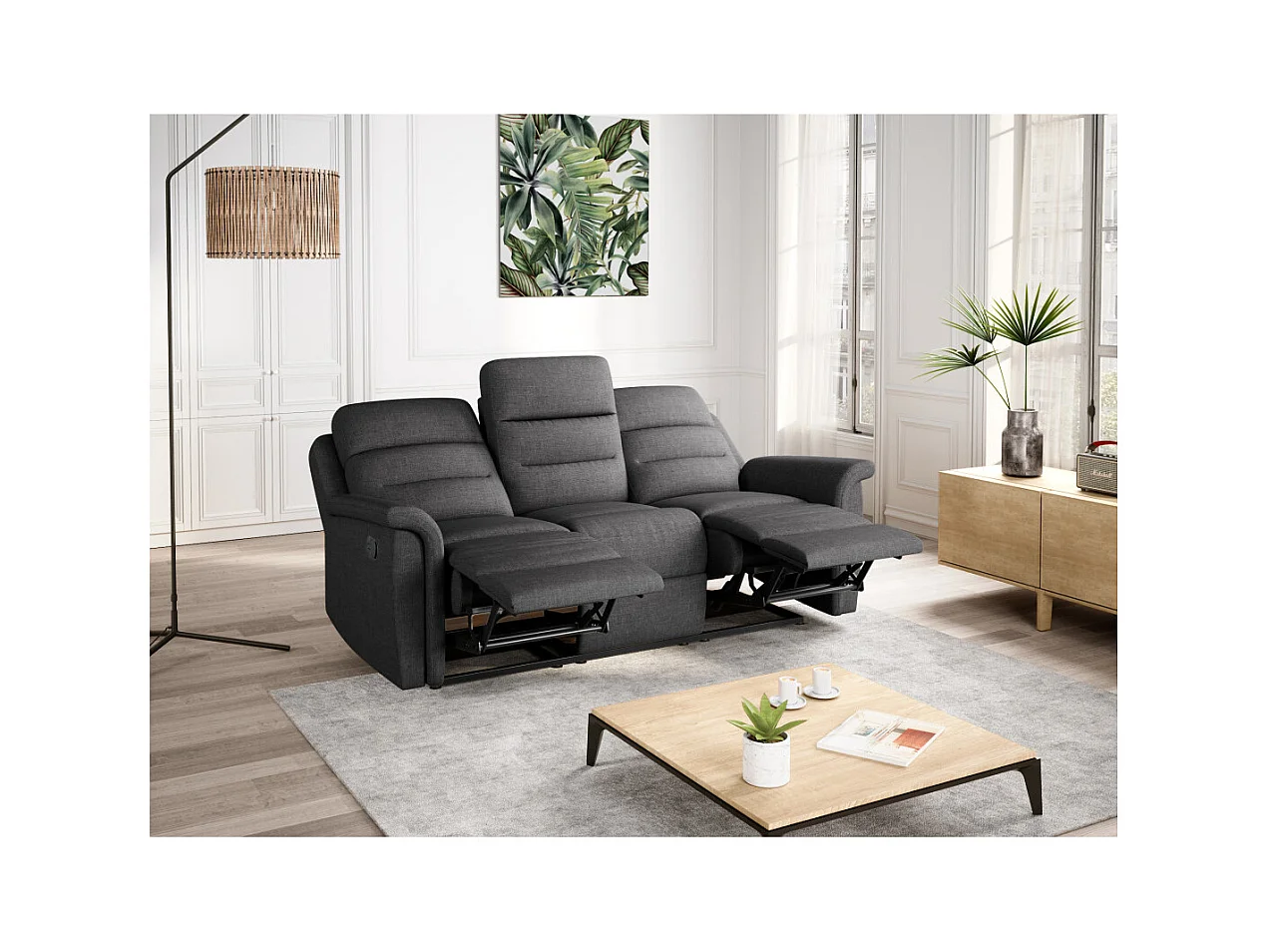 Canapé de Relaxation 3 places en Tissu Gris Léon - Gris anthracite - L191 x 94 x 100cm - Loungitude