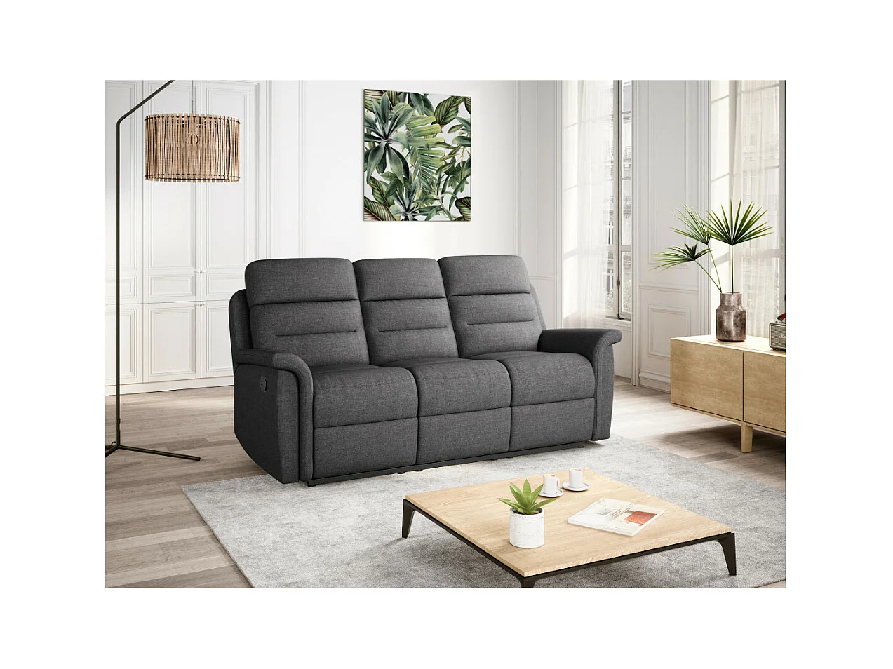 Canapé de Relaxation 3 places en Tissu Gris Léon - Gris anthracite - L191 x 94 x 100cm - Loungitude