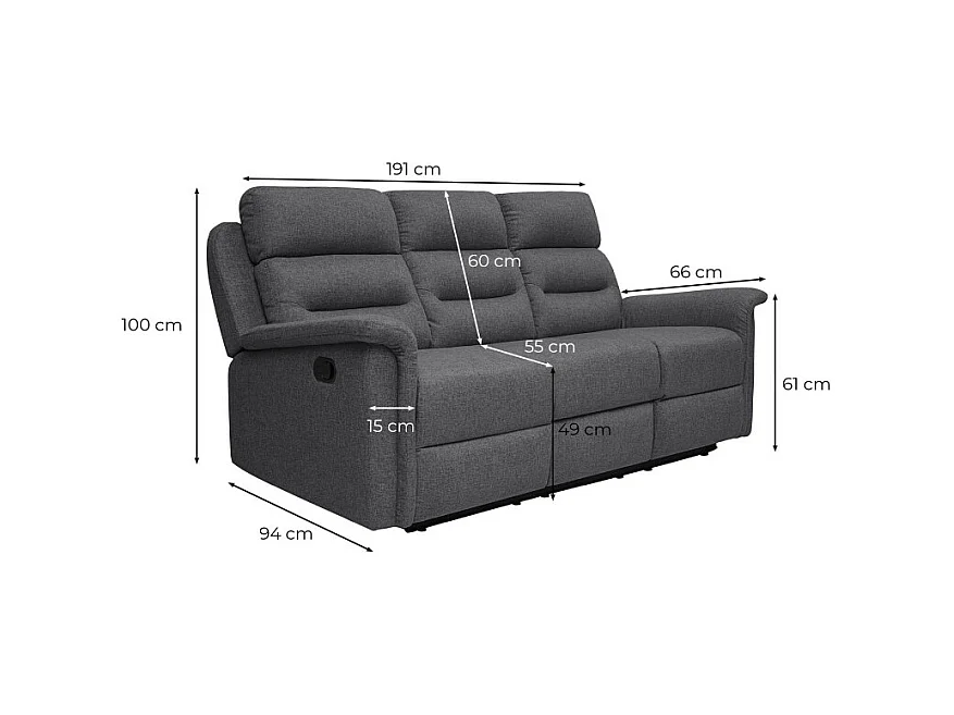 Canapé de Relaxation 3 places en Tissu Gris Léon - Gris anthracite - L191 x 94 x 100cm - Loungitude