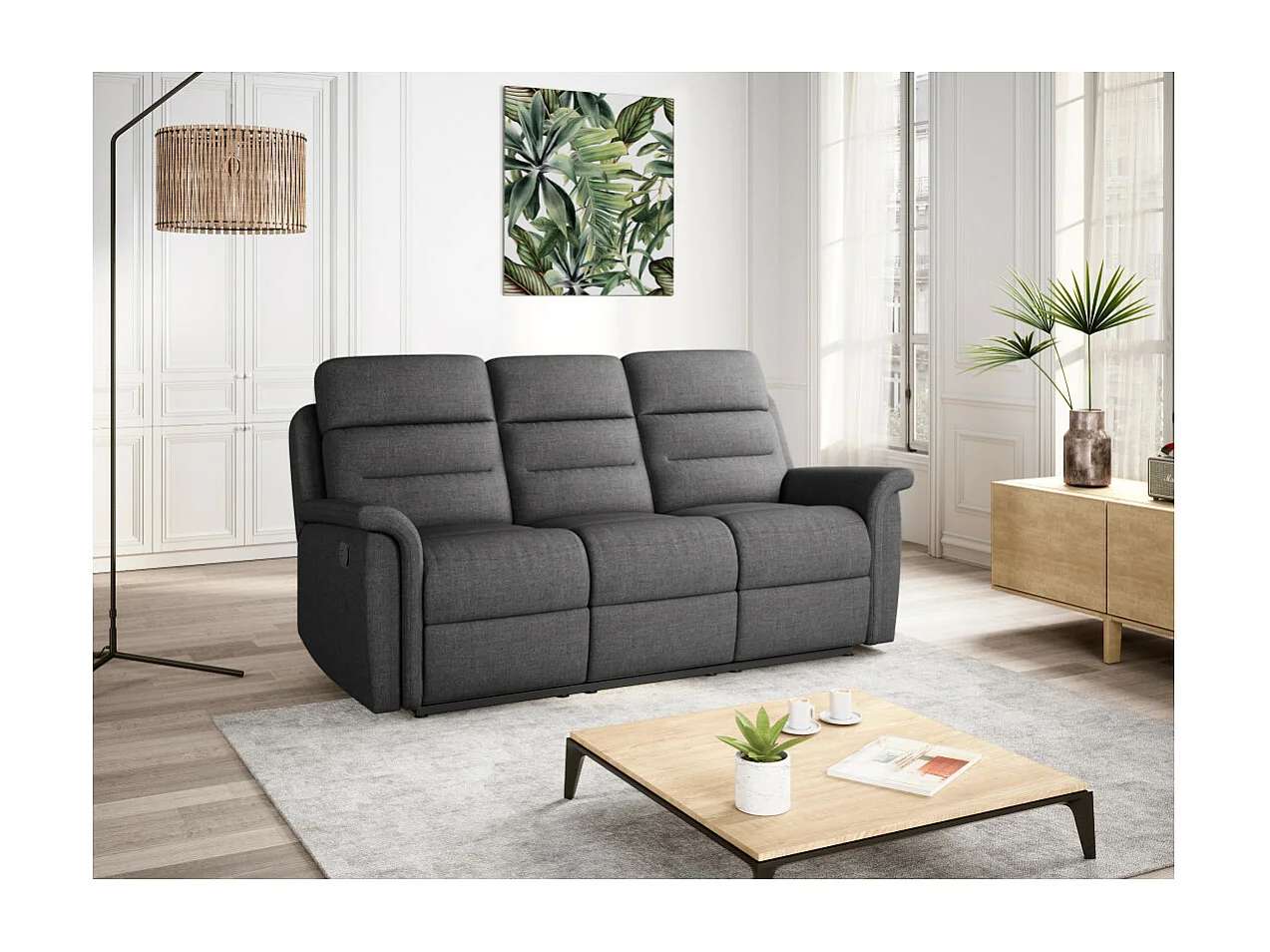 Canapé de Relaxation 3 places en Tissu Gris Léon - Gris anthracite - L191 x 94 x 100cm - Loungitude