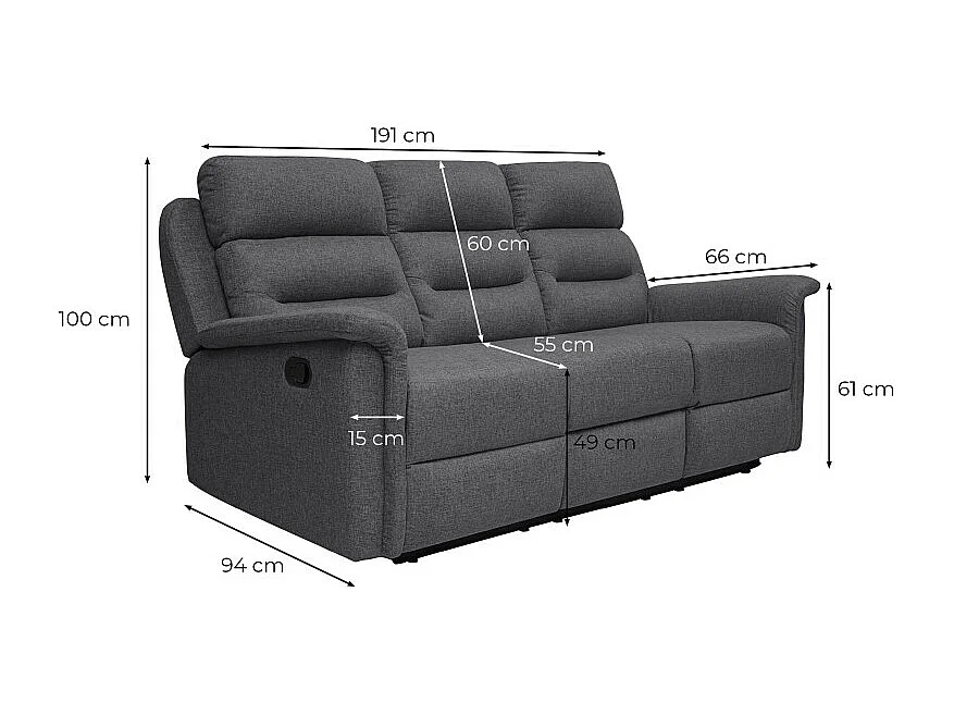 Canapé de Relaxation 3 places en Tissu Gris Léon - Gris anthracite - L191 x 94 x 100cm - Loungitude