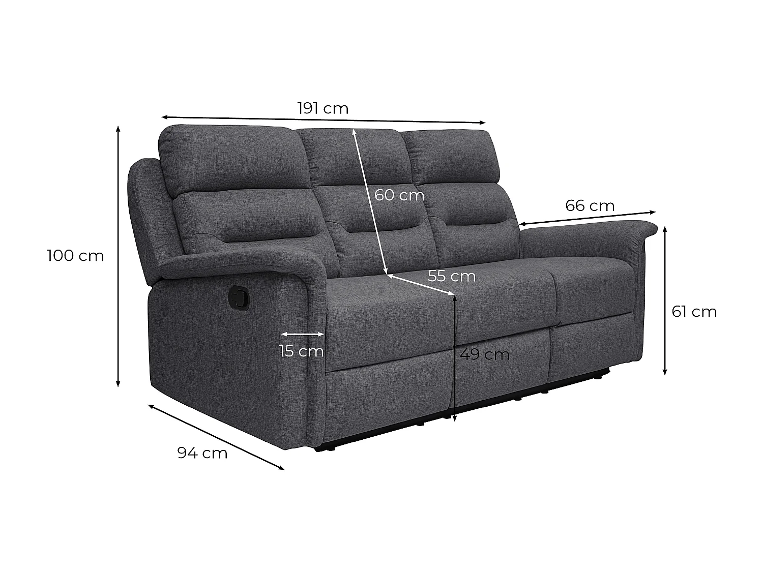 Canapé de Relaxation 3 places en Tissu Gris Léon - Gris anthracite - L191 x 94 x 100cm - Loungitude