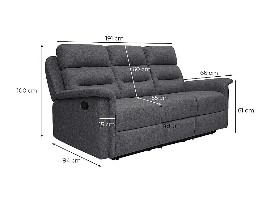 Canapé de Relaxation 3 places en Tissu Gris Léon - Gris anthracite - L191 x 94 x 100cm - Loungitude