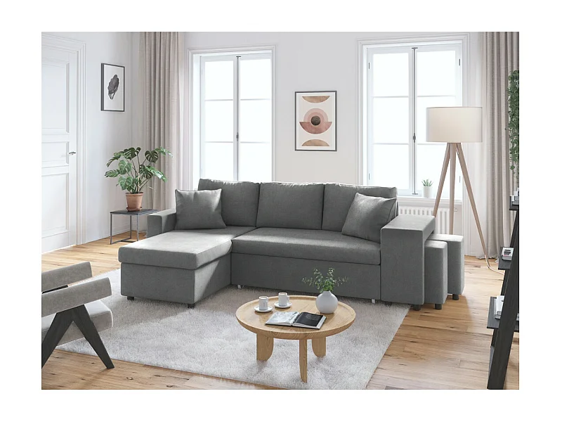 Canapé d'angle 3 places réversible Oslo avec coffre et poufs droit en microfibre - Gris - L241 x P146 x H81cm - Loungitude