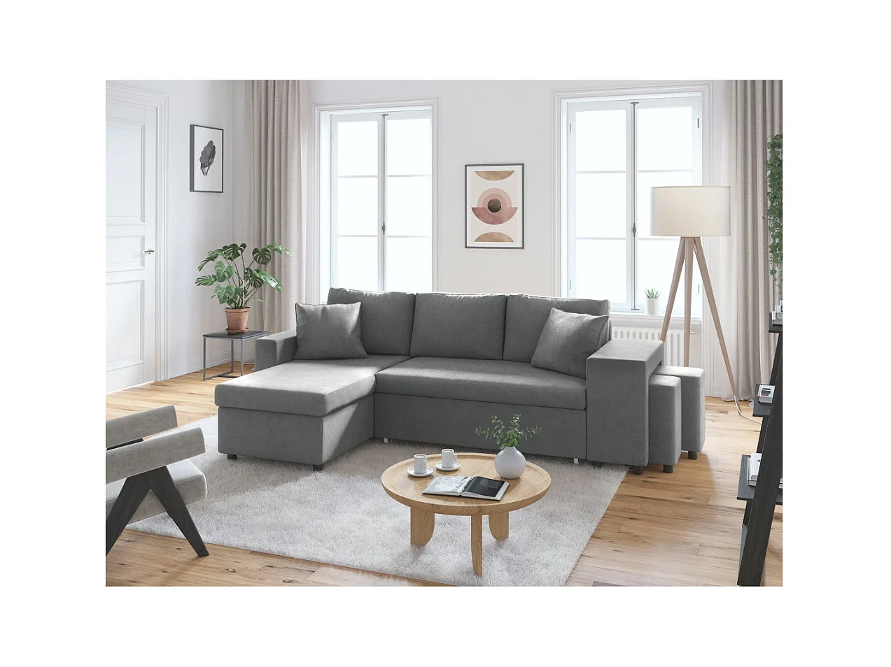 Canapé d'angle 3 places réversible Oslo avec coffre et poufs droit en microfibre - Gris - L241 x P146 x H81cm - Loungitude