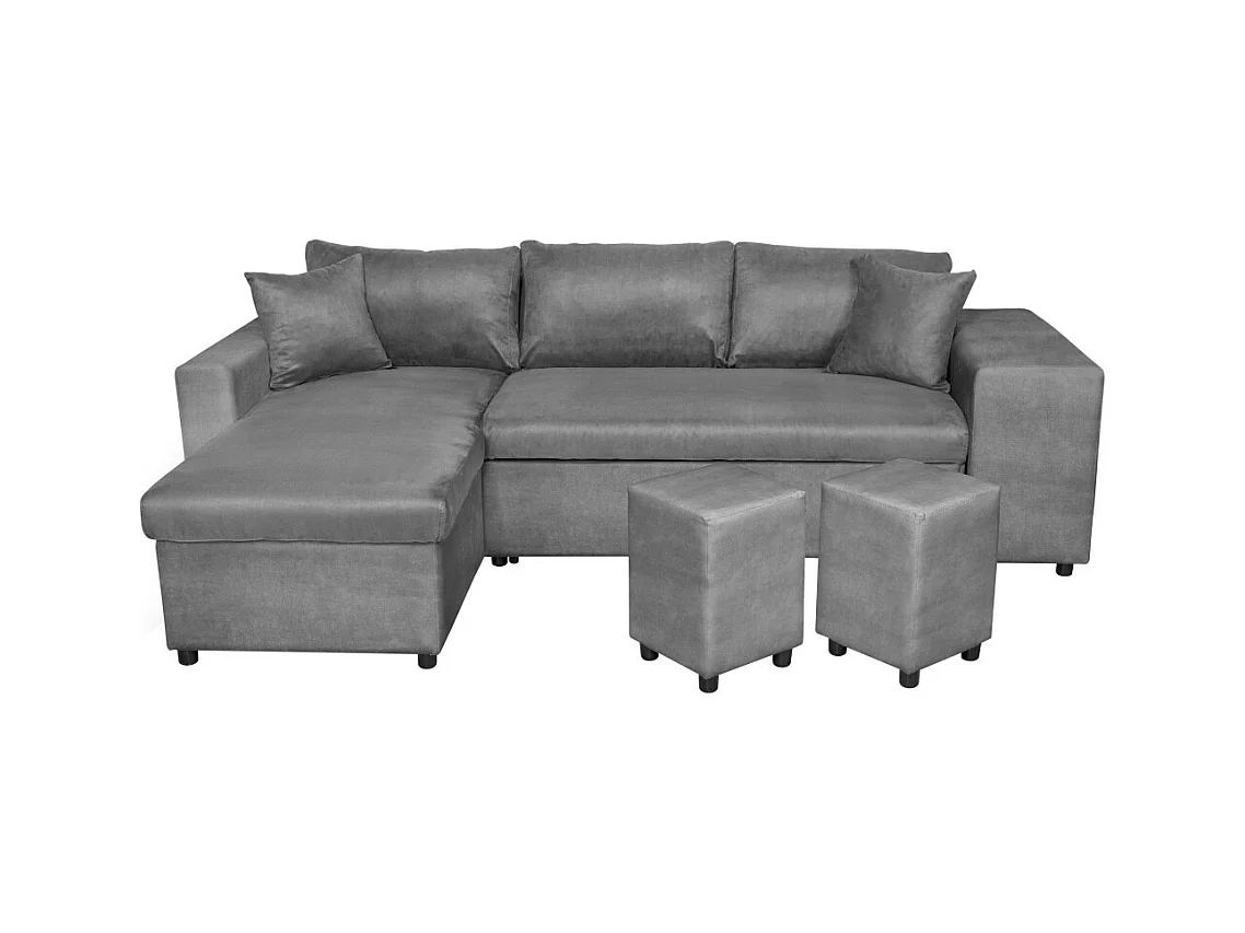 Canapé d'angle 3 places réversible Oslo avec coffre et poufs droit en microfibre - Gris - L241 x P146 x H81cm - Loungitude