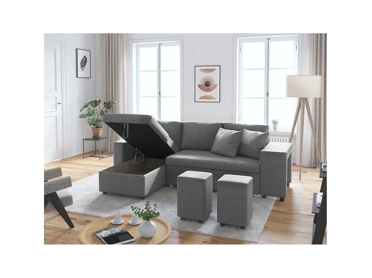 Canapé d'angle 3 places réversible Oslo avec coffre et poufs droit en microfibre - Gris - L241 x P146 x H81cm - Loungitude