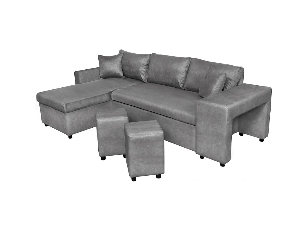 Canapé d'angle 3 places réversible Oslo avec coffre et poufs droit en microfibre - Gris - L241 x P146 x H81cm - Loungitude