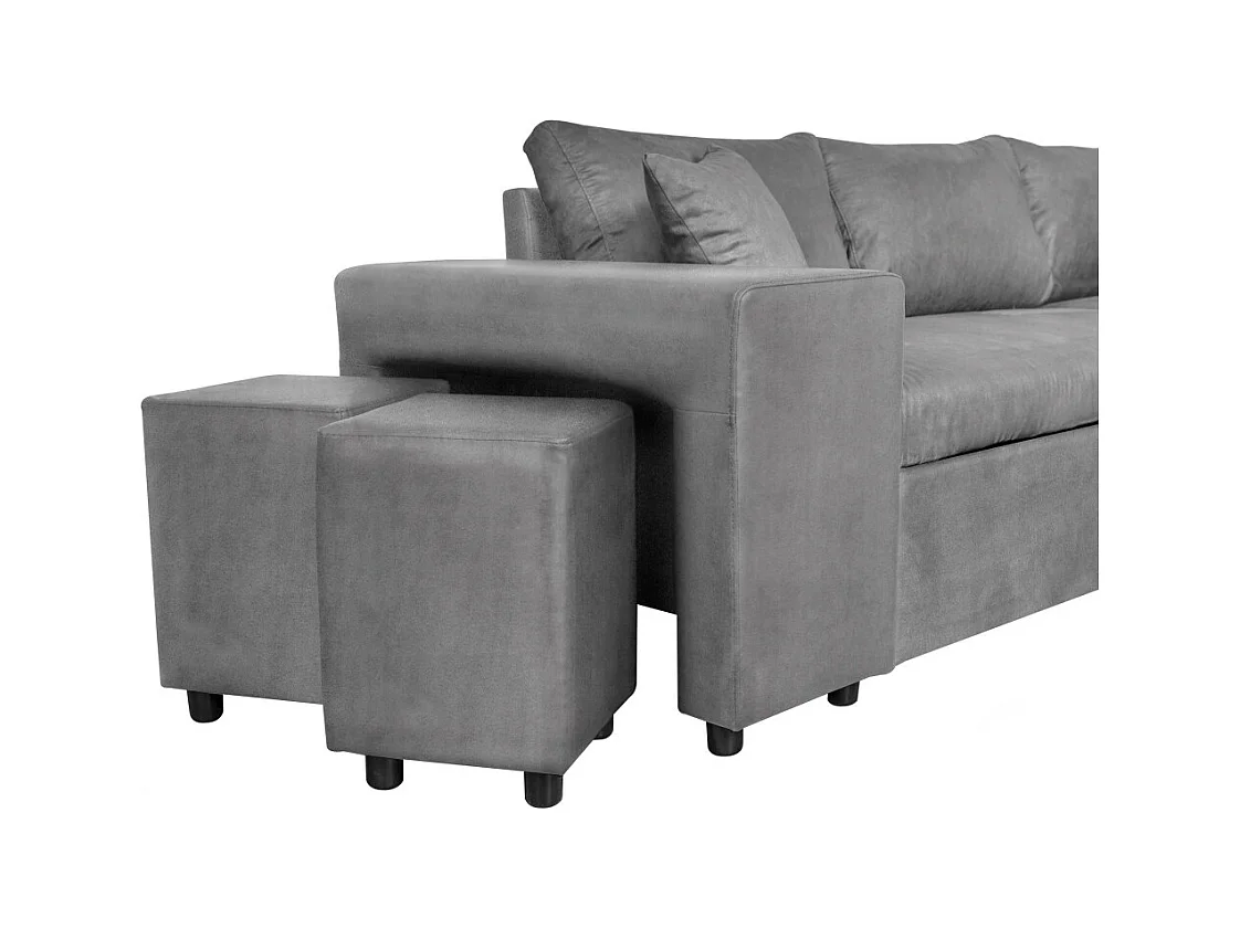 Canapé d'angle 3 places réversible Oslo avec coffre et poufs droit en microfibre - Gris - L241 x P146 x H81cm - Loungitude