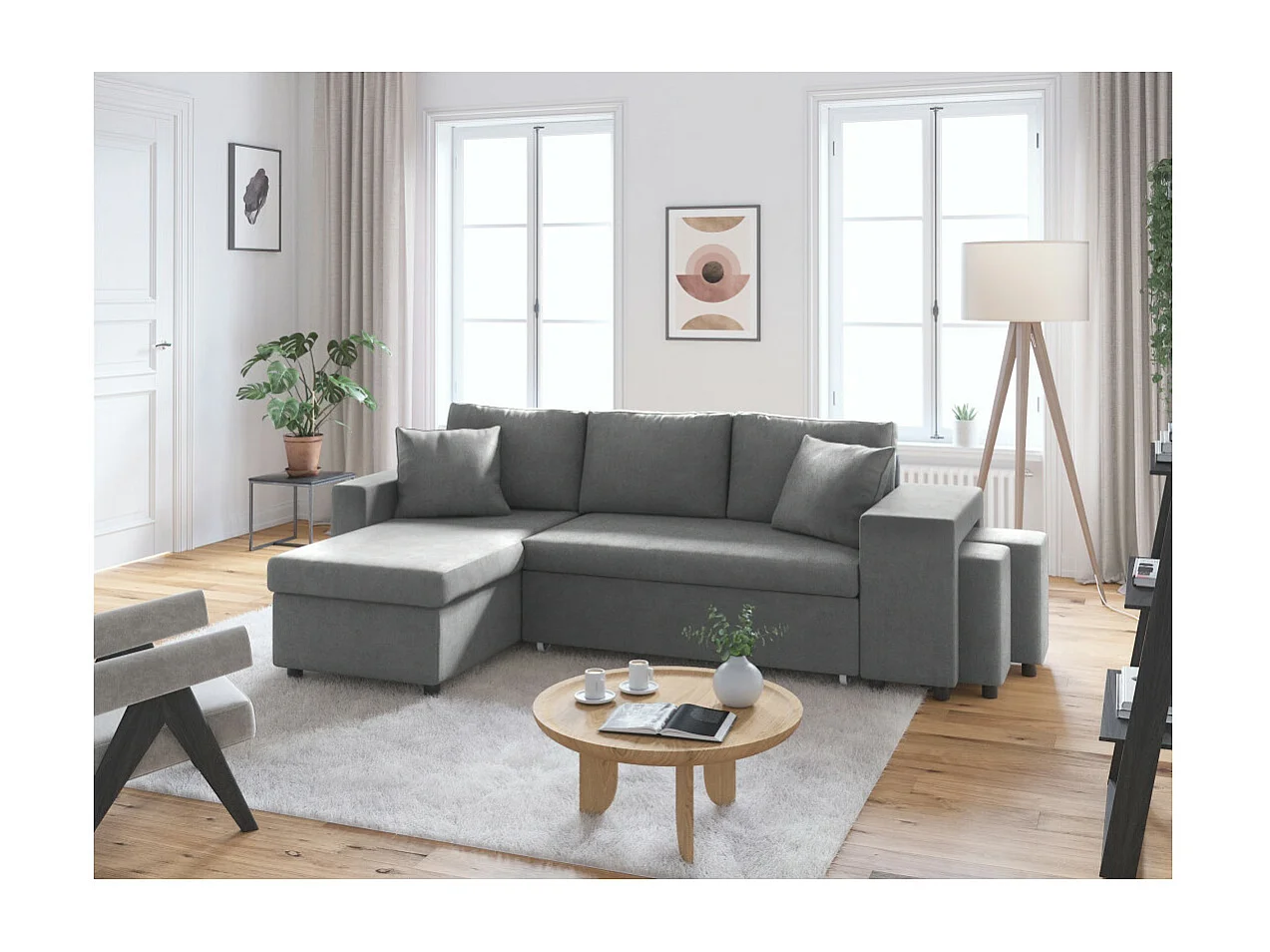 Canapé d'angle 3 places réversible Oslo avec coffre et poufs droit en microfibre - Gris - L241 x P146 x H81cm - Loungitude