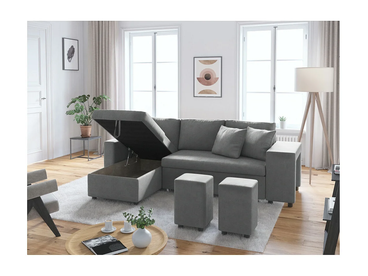 Canapé d'angle 3 places réversible Oslo avec coffre et poufs droit en microfibre - Gris - L241 x P146 x H81cm - Loungitude
