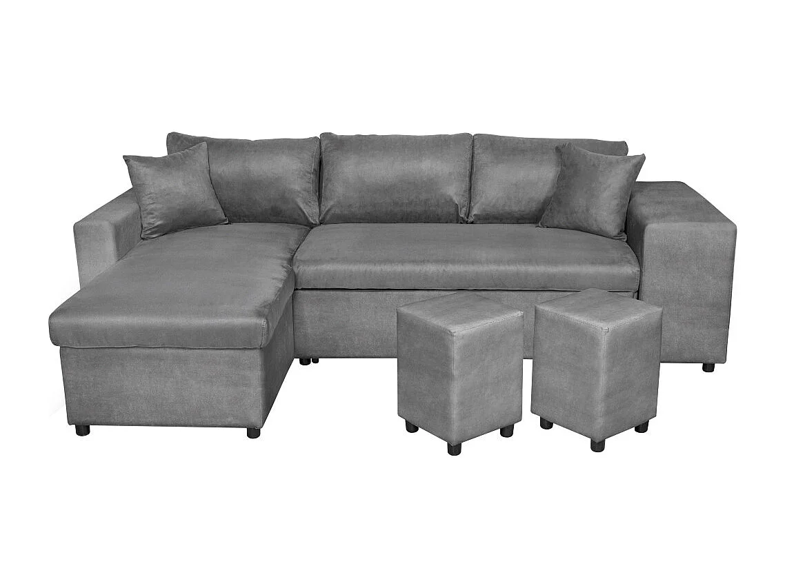 Canapé d'angle 3 places réversible Oslo avec coffre et poufs droit en microfibre - Gris - L241 x P146 x H81cm - Loungitude