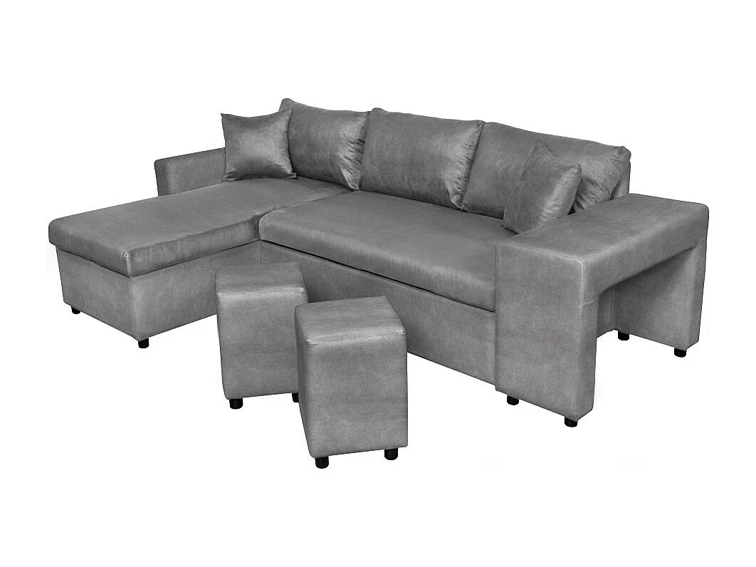 Canapé d'angle 3 places réversible Oslo avec coffre et poufs droit en microfibre - Gris - L241 x P146 x H81cm - Loungitude