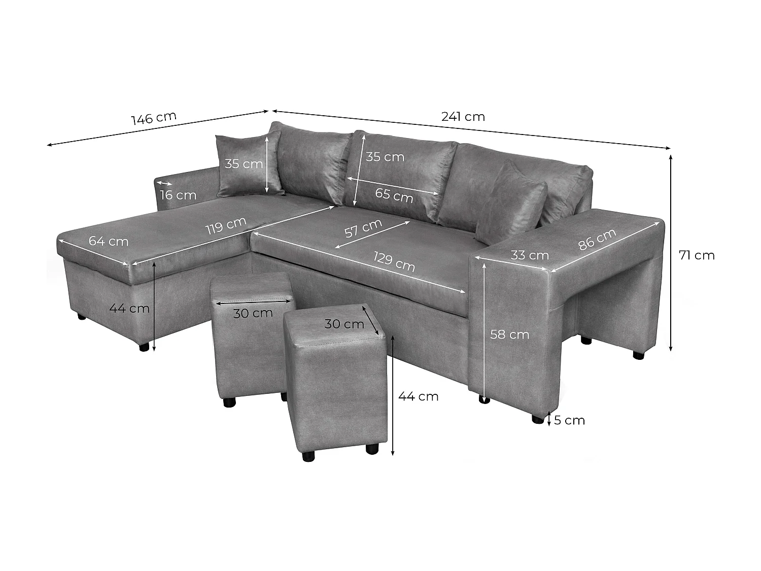 Canapé d'angle 3 places réversible Oslo avec coffre et poufs droit en microfibre - Gris - L241 x P146 x H81cm - Loungitude