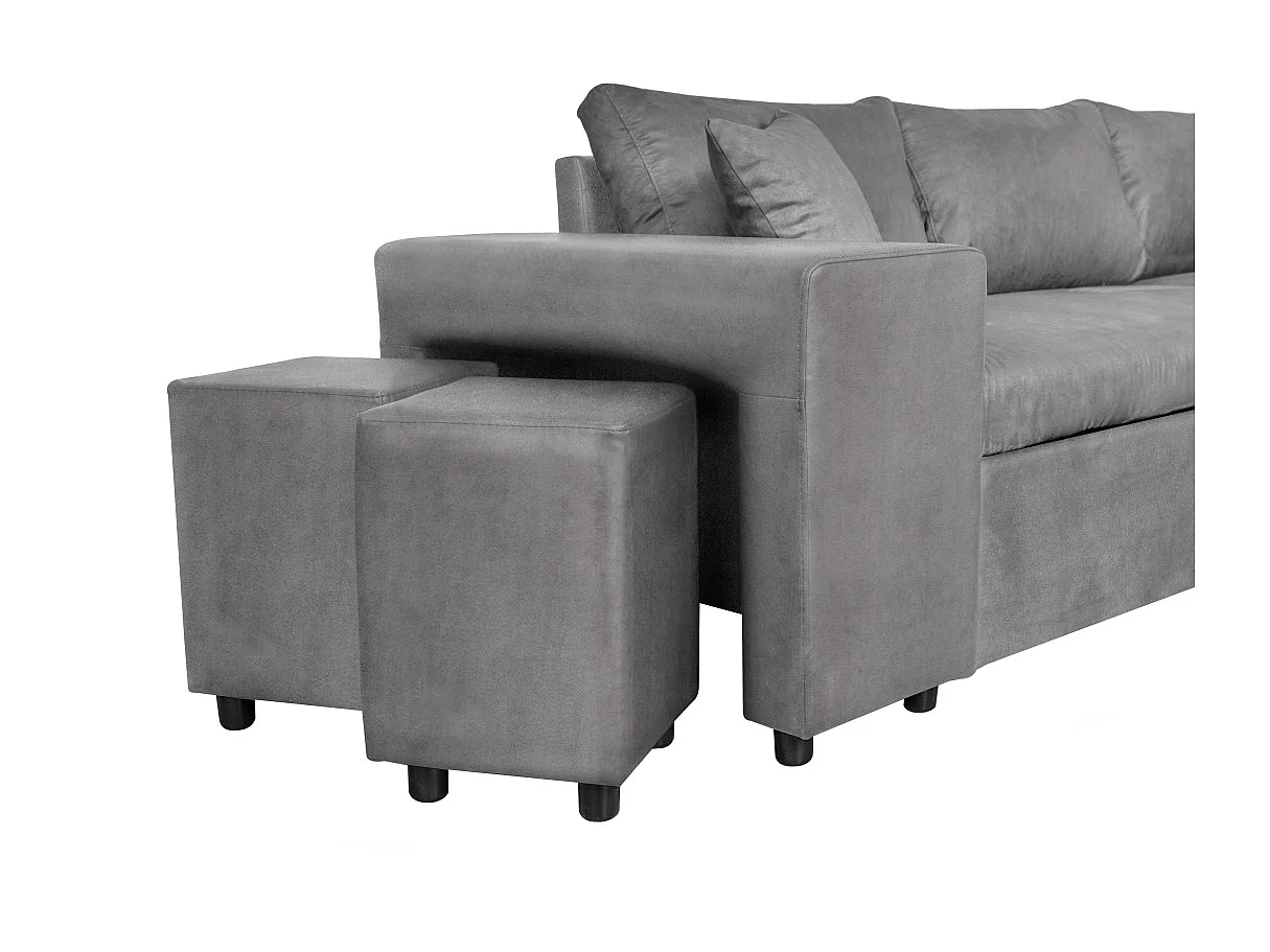 Canapé d'angle 3 places réversible Oslo avec coffre et poufs droit en microfibre - Gris - L241 x P146 x H81cm - Loungitude