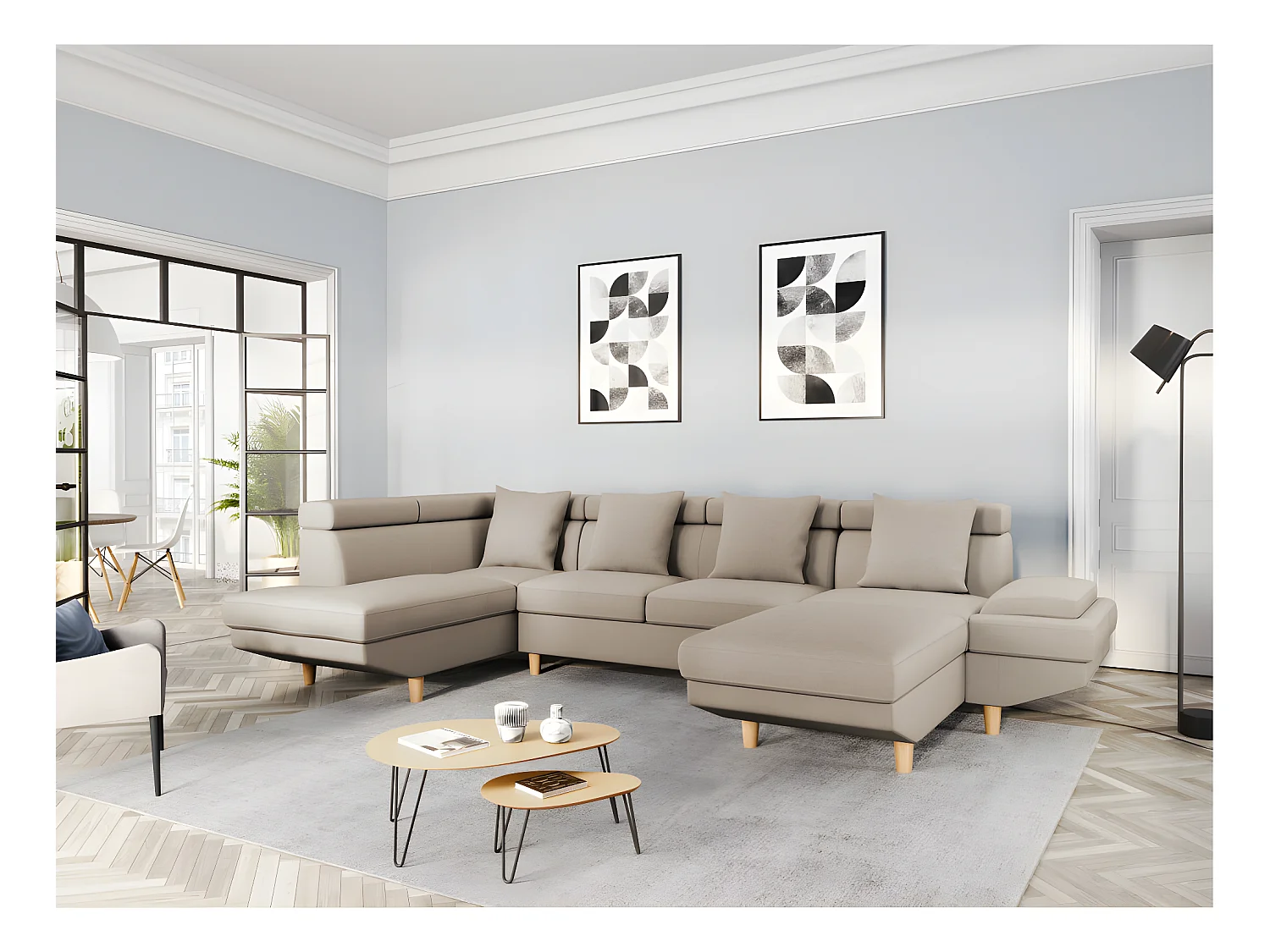 Canapé d'angle Panoramique Maia Convertible en Tissu - Angle Gauche, Beige - L330 x P188 x H90cm - Loungitude