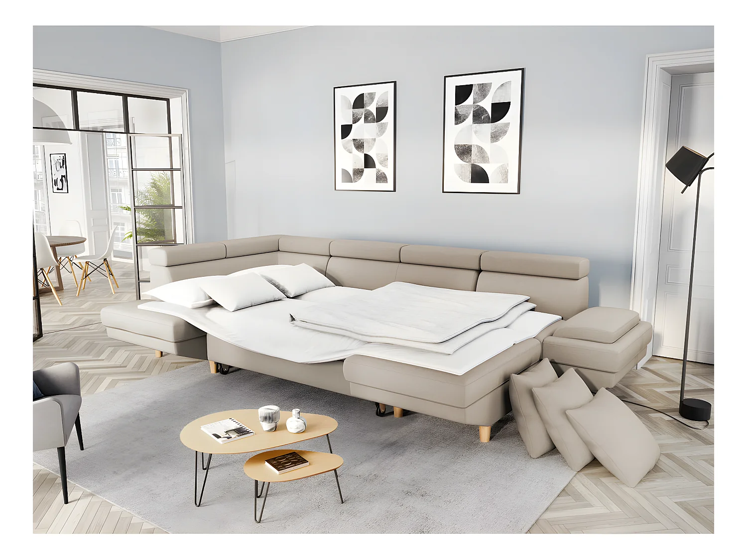 Canapé d'angle Panoramique Maia Convertible en Tissu - Angle Gauche, Beige - L330 x P188 x H90cm - Loungitude
