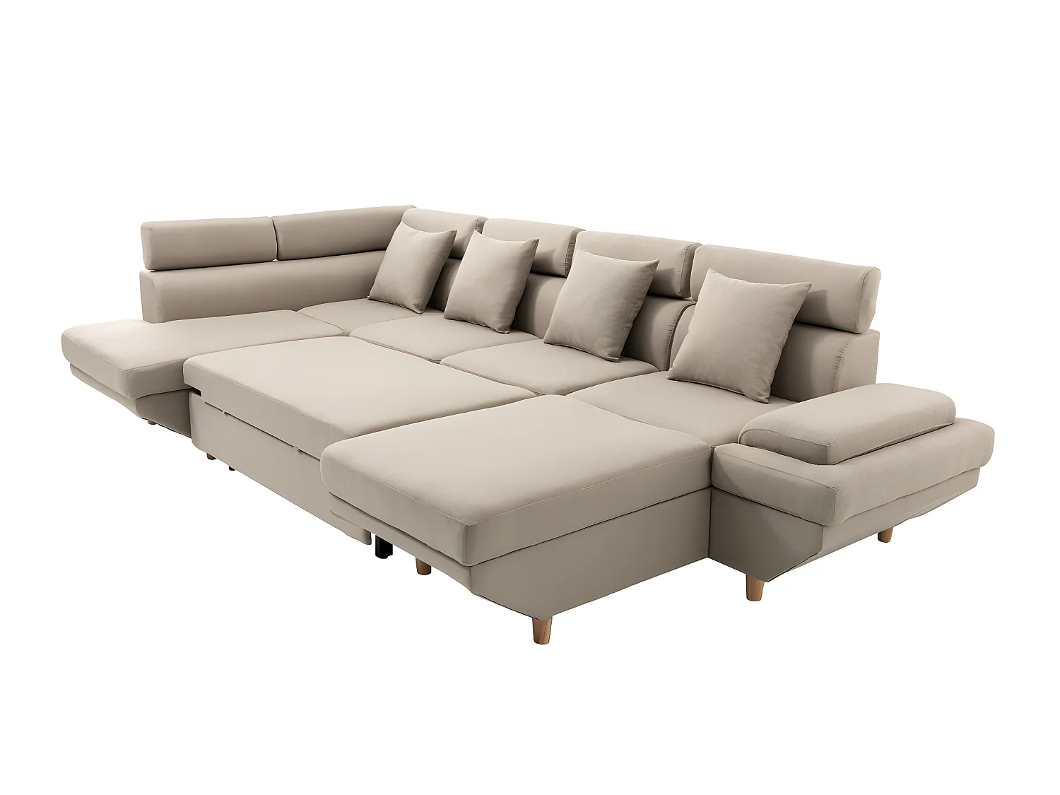Canapé d'angle Panoramique Maia Convertible en Tissu - Angle Gauche, Beige - L330 x P188 x H90cm - Loungitude