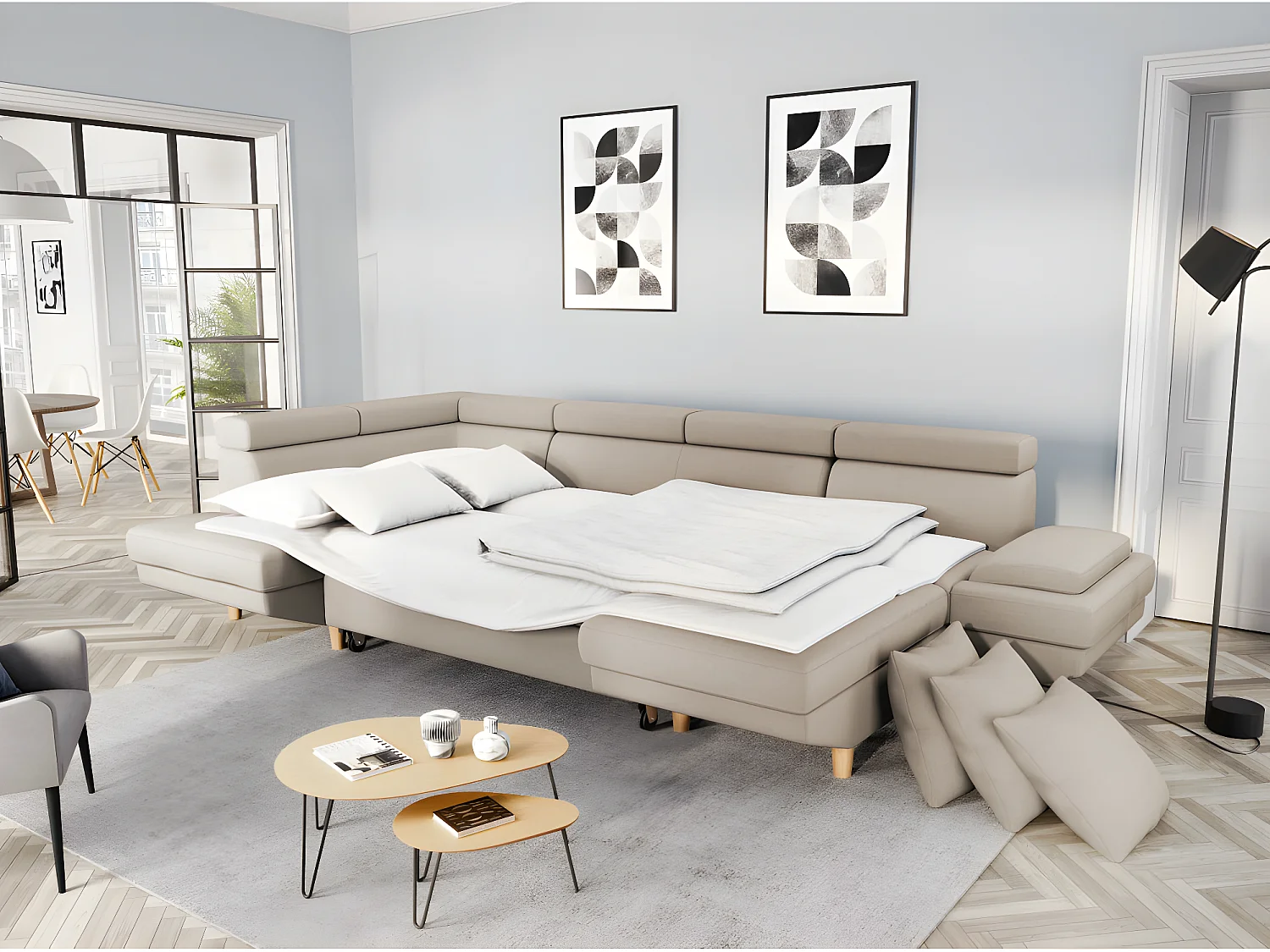 Canapé d'angle Panoramique Maia Convertible en Tissu - Angle Gauche, Beige - L330 x P188 x H90cm - Loungitude