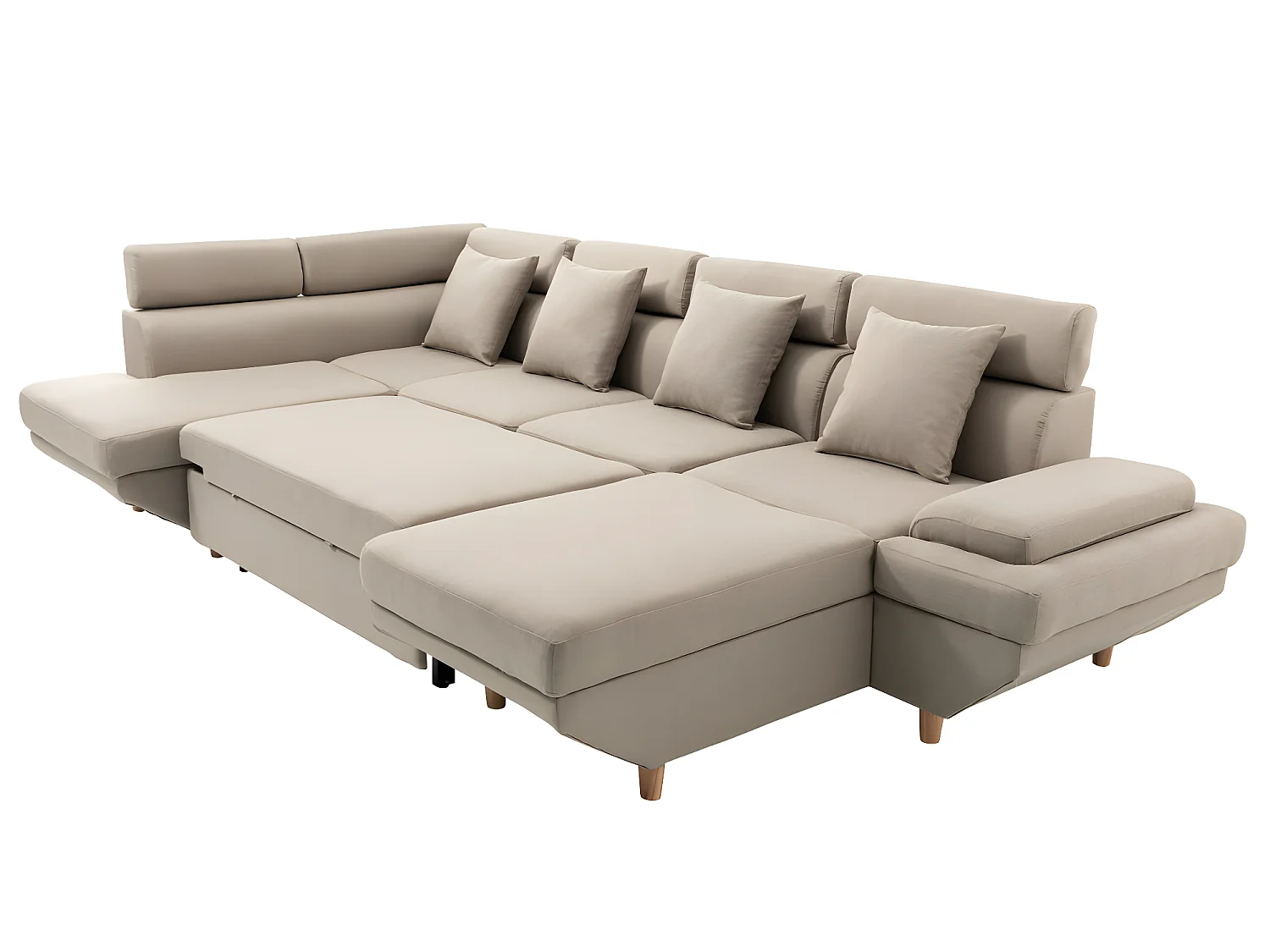 Canapé d'angle Panoramique Maia Convertible en Tissu - Angle Gauche, Beige - L330 x P188 x H90cm - Loungitude