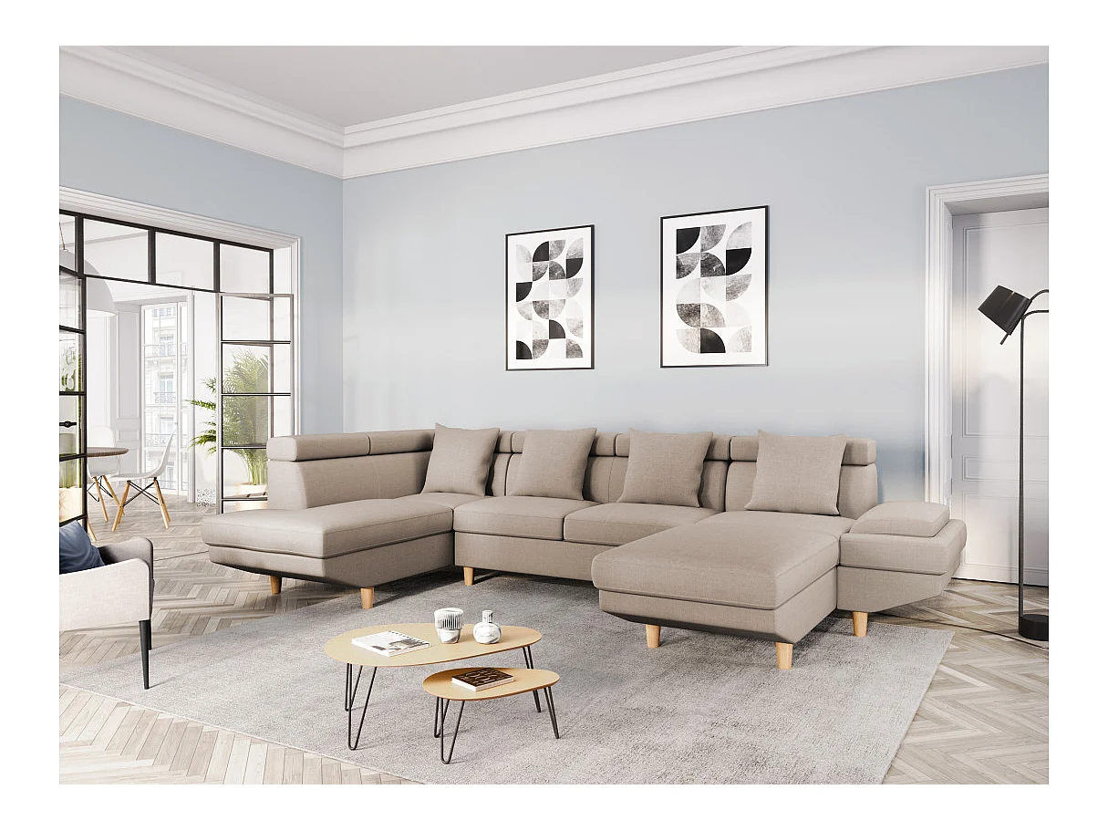 Canapé d'angle Panoramique Maia Convertible en Tissu - Angle Gauche, Beige - L330 x P188 x H90cm - Loungitude