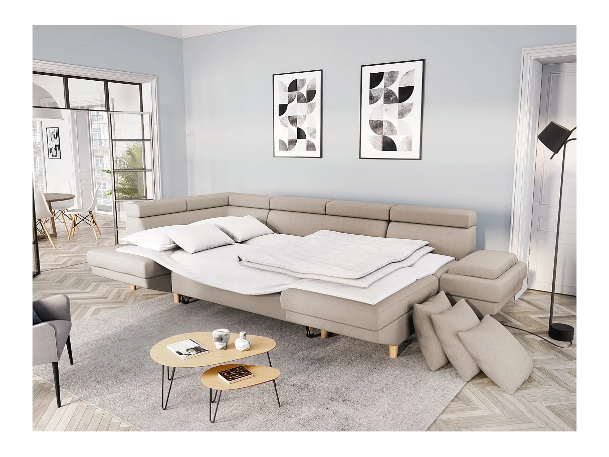 Canapé d'angle Panoramique Maia Convertible en Tissu - Angle Gauche, Beige - L330 x P188 x H90cm - Loungitude