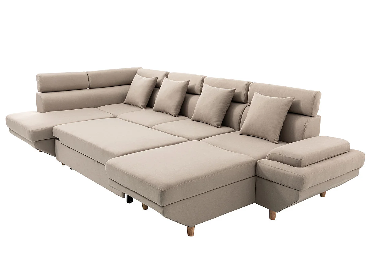 Canapé d'angle Panoramique Maia Convertible en Tissu - Angle Gauche, Beige - L330 x P188 x H90cm - Loungitude