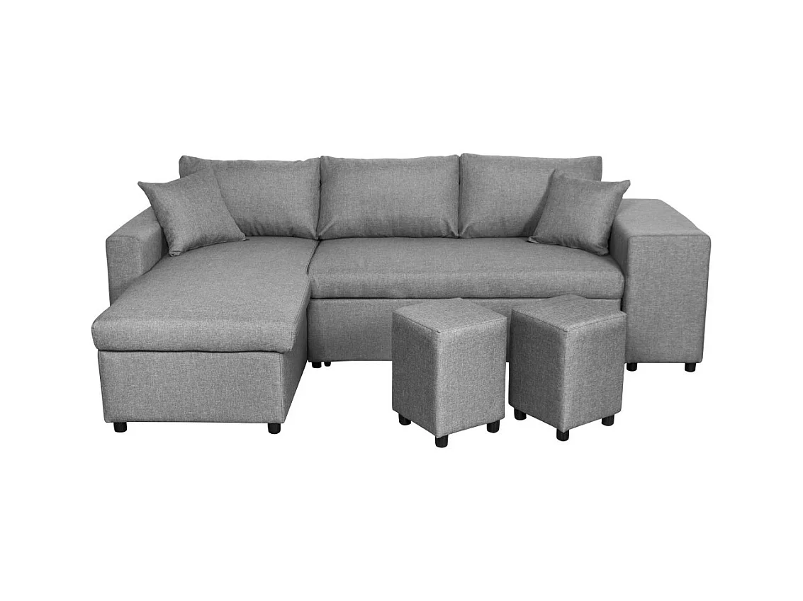 Canapé d'angle 3 places réversible Oslo avec coffre et poufs droit en tissu - Gris clair - L241 x P146 x H81cm - Loungitude