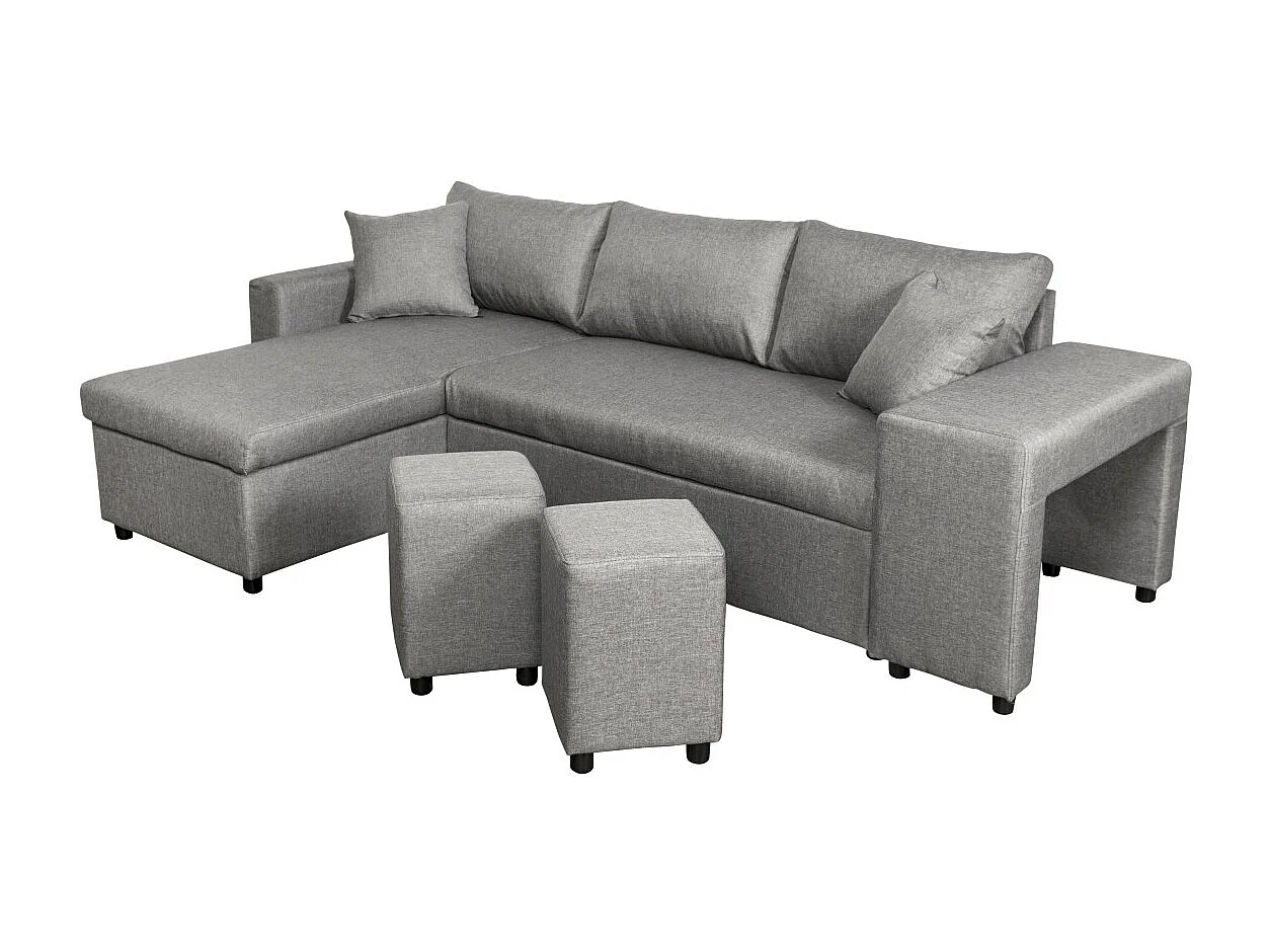 Canapé d'angle 3 places réversible Oslo avec coffre et poufs droit en tissu - Gris clair - L241 x P146 x H81cm - Loungitude