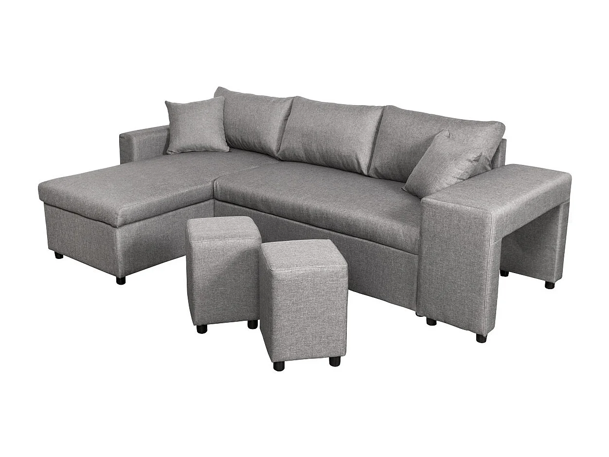 Canapé d'angle 3 places réversible Oslo avec coffre et poufs droit en tissu - Gris clair - L241 x P146 x H81cm - Loungitude
