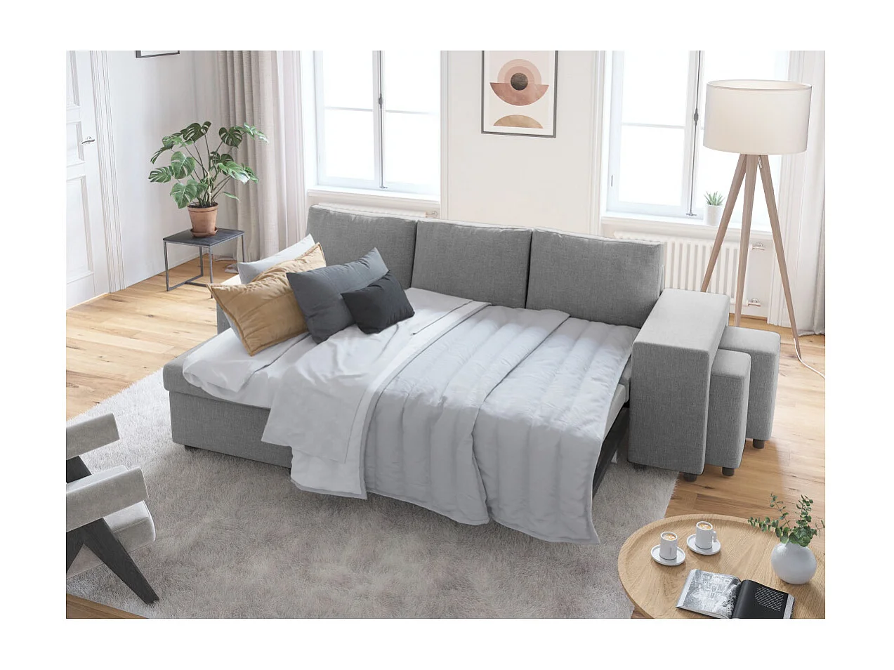 Canapé d'angle 3 places réversible Oslo avec coffre et poufs droit en tissu - Gris clair - L241 x P146 x H81cm - Loungitude