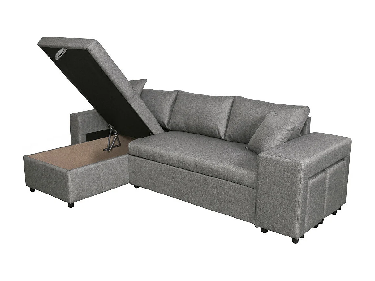 Canapé d'angle 3 places réversible Oslo avec coffre et poufs droit en tissu - Gris clair - L241 x P146 x H81cm - Loungitude