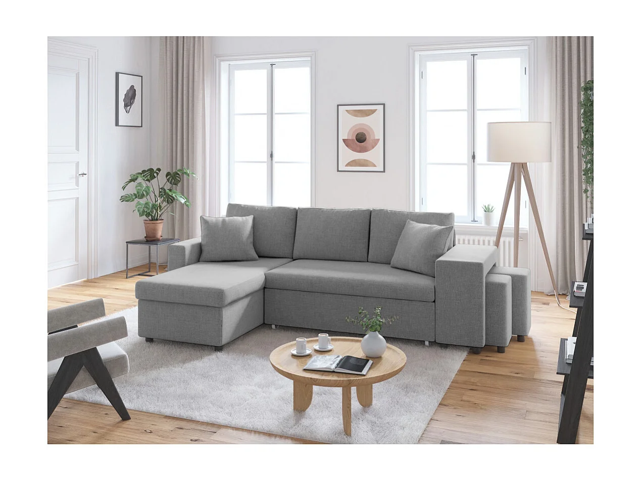 Canapé d'angle 3 places réversible Oslo avec coffre et poufs droit en tissu - Gris clair - L241 x P146 x H81cm - Loungitude