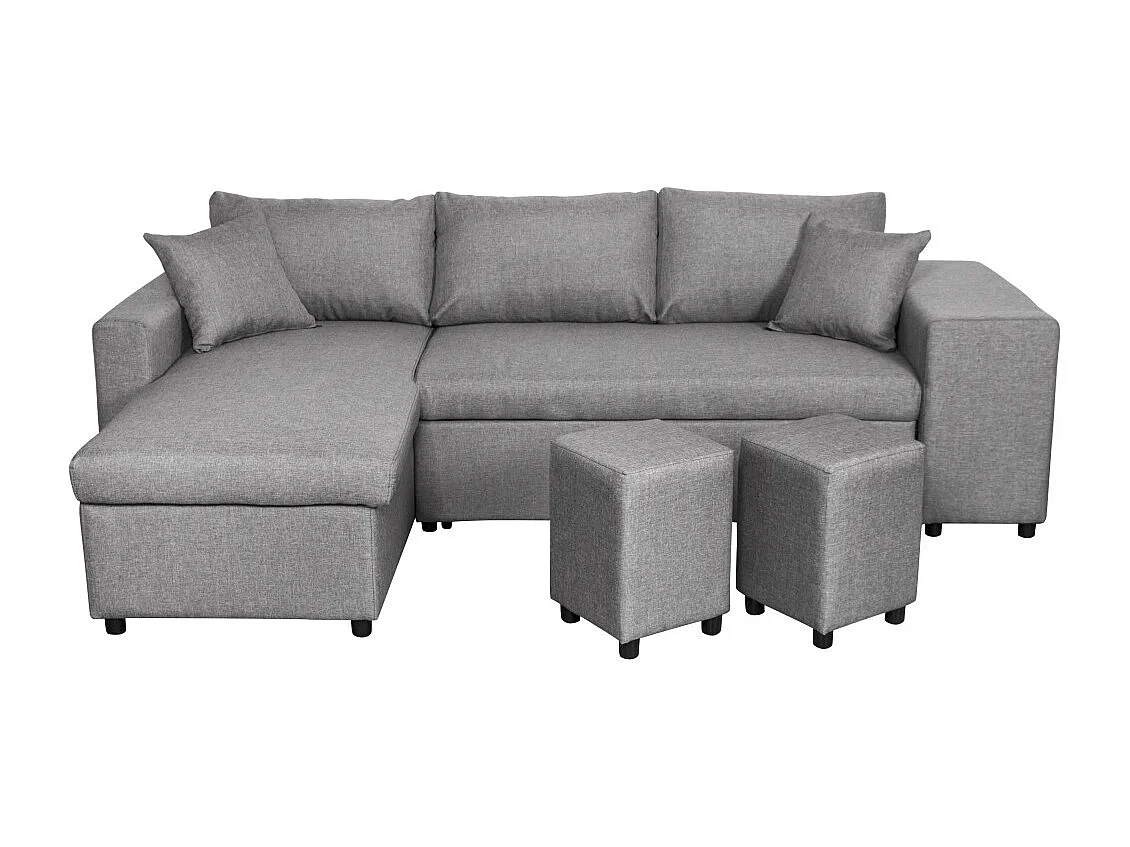 Canapé d'angle 3 places réversible Oslo avec coffre et poufs droit en tissu - Gris clair - L241 x P146 x H81cm - Loungitude